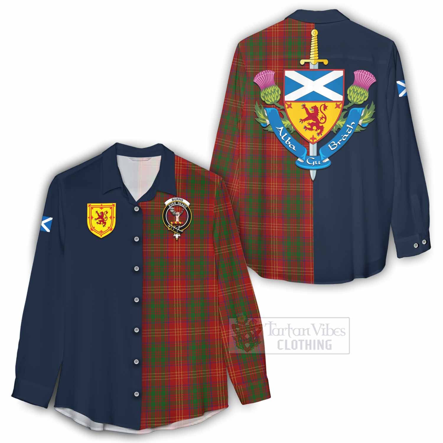 Tartan Vibes Clothing Burns Tartan Women's Casual Shirt Alba with Scottish Lion Royal Arm Half Style