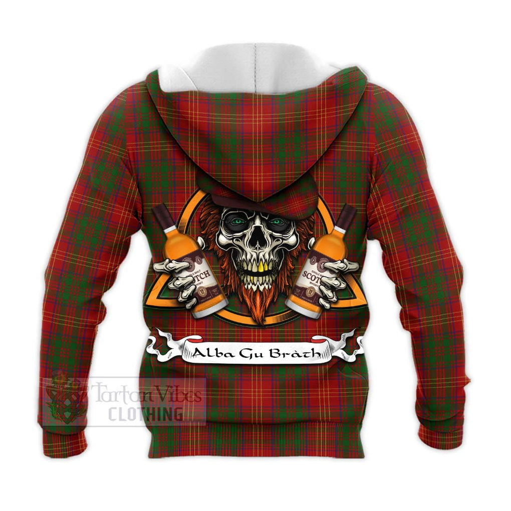 Tartan Vibes Clothing Burns Tartan Knitted Hoodie with Family Crest and Bearded Skull Holding Bottles of Whiskey