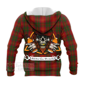 Burns Tartan Knitted Hoodie with Family Crest and Bearded Skull Holding Bottles of Whiskey