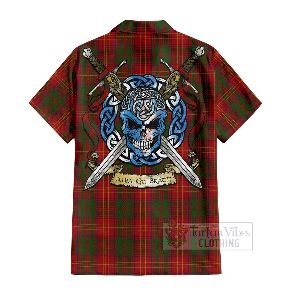 Tartan Vibes Clothing Burns Tartan Short Sleeve Button Shirt with Family Crest Celtic Skull Style