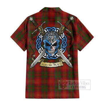 Burns Tartan Short Sleeve Button Shirt with Family Crest Celtic Skull Style