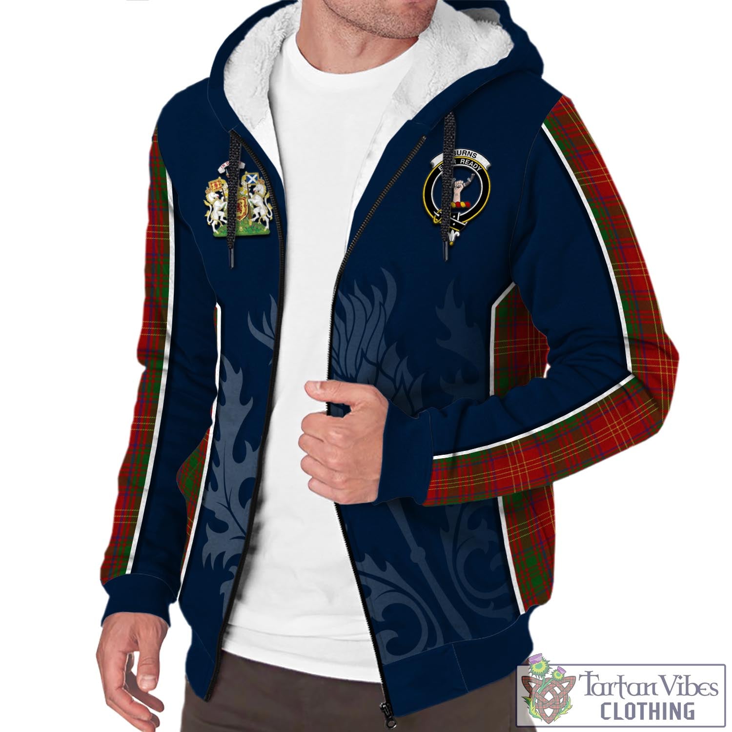 Tartan Vibes Clothing Burns Tartan Sherpa Hoodie with Family Crest and Scottish Thistle Vibes Sport Style