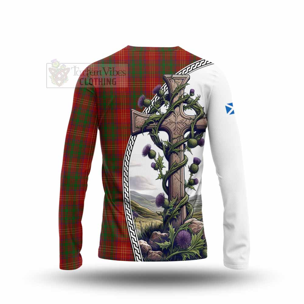 Tartan Vibes Clothing Burns Tartan Long Sleeve T-Shirt with Family Crest and St. Andrew's Cross Accented by Thistle Vines