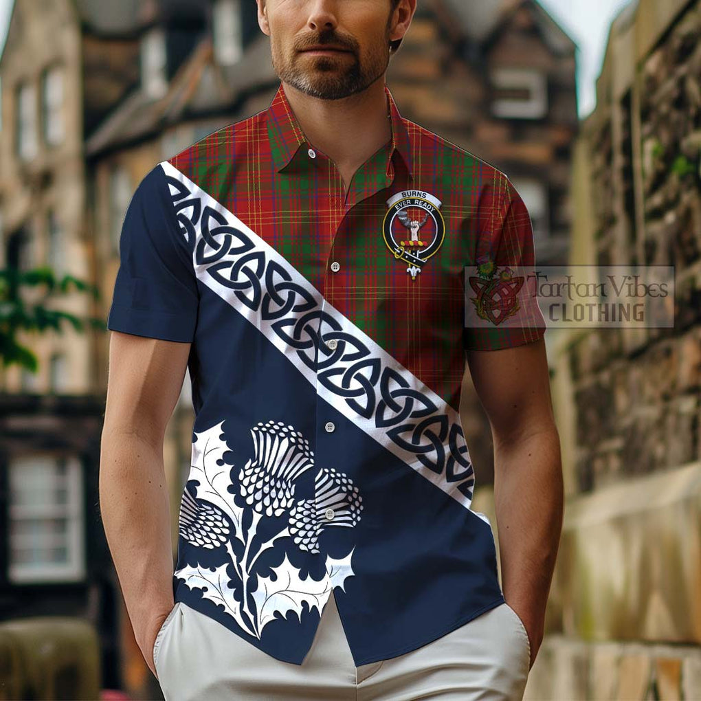 Tartan Vibes Clothing Burns Tartan Short Sleeve Button Shirt Featuring Thistle and Scotland Map