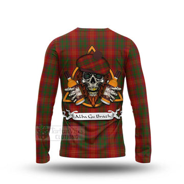 Burns Tartan Long Sleeve T-Shirt with Family Crest and Bearded Skull Holding Bottles of Whiskey