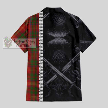 Burns Tartan Short Sleeve Button Shirt with Family Crest Cross Sword Thistle Celtic Vibes