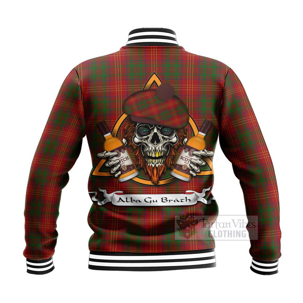 Tartan Vibes Clothing Burns Tartan Baseball Jacket with Family Crest and Bearded Skull Holding Bottles of Whiskey