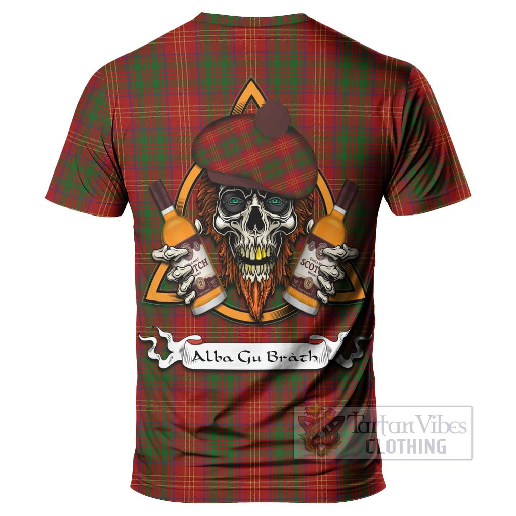 Tartan Vibes Clothing Burns Tartan T-Shirt with Family Crest and Bearded Skull Holding Bottles of Whiskey