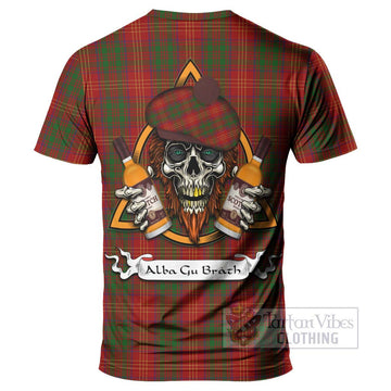 Burns Tartan T-Shirt with Family Crest and Bearded Skull Holding Bottles of Whiskey