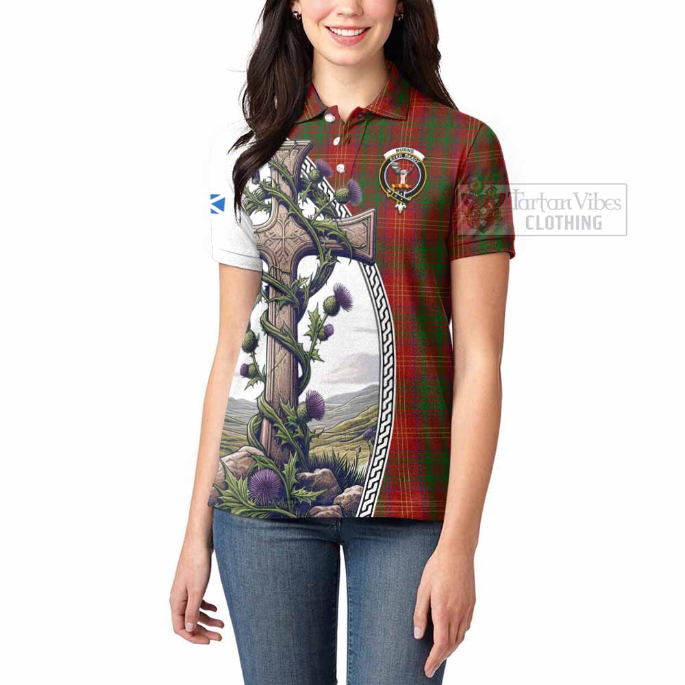 Tartan Vibes Clothing Burns Tartan Women's Polo Shirt with Family Crest and St. Andrew's Cross Accented by Thistle Vines