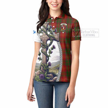 Burns Tartan Women's Polo Shirt with Family Crest and St. Andrew's Cross Accented by Thistle Vines