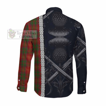 Burns Tartan Long Sleeve Button Shirt with Family Crest Cross Sword Thistle Celtic Vibes