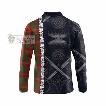 Burns Tartan Long Sleeve Polo Shirt with Family Crest Cross Sword Thistle Celtic Vibes