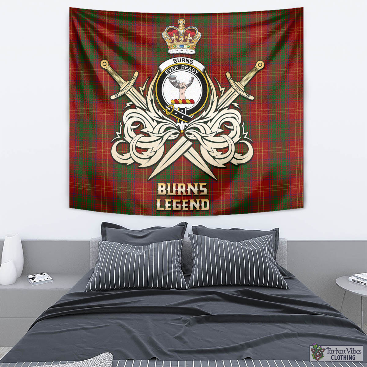 Tartan Vibes Clothing Burns Tartan Tapestry with Clan Crest and the Golden Sword of Courageous Legacy