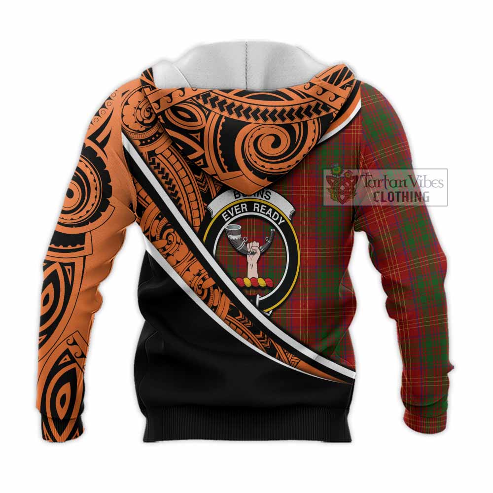 Tartan Vibes Clothing Burns Crest Tartan Knitted Hoodie with Maori Tattoo Style - Orange Version