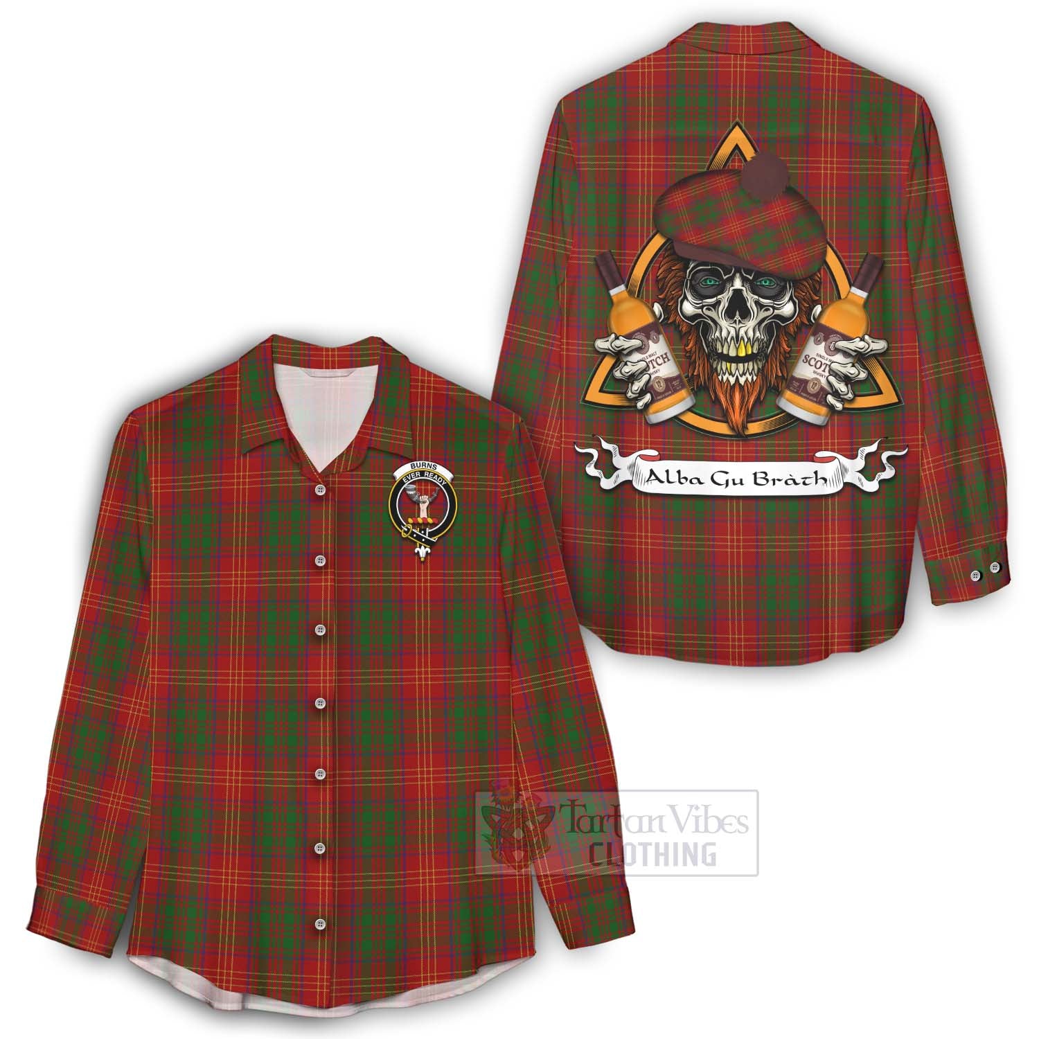 Tartan Vibes Clothing Burns Tartan Women's Casual Shirt with Family Crest and Bearded Skull Holding Bottles of Whiskey