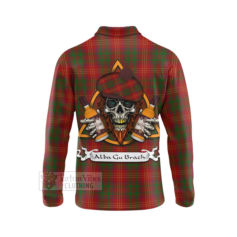 Tartan Vibes Clothing Burns Tartan Long Sleeve Polo Shirt with Family Crest and Bearded Skull Holding Bottles of Whiskey