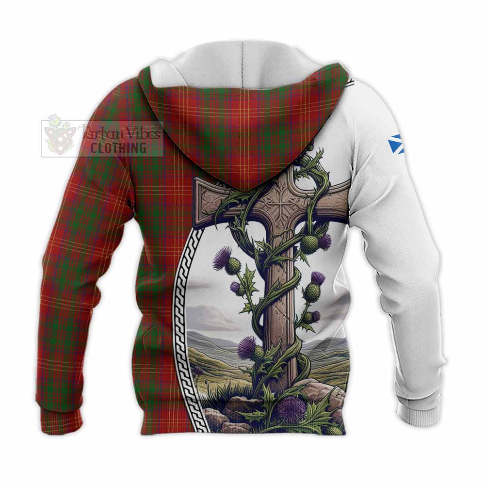 Tartan Vibes Clothing Burns Tartan Knitted Hoodie with Family Crest and St. Andrew's Cross Accented by Thistle Vines