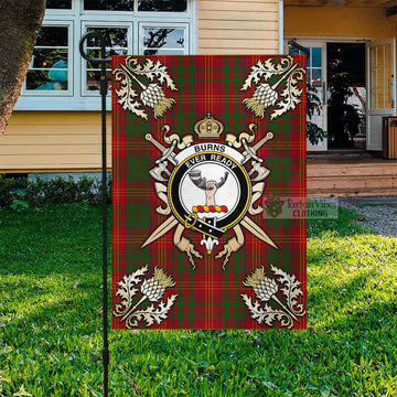 Burns Tartan Flag with Family Crest and Golden Thistle Crossed Sword Design