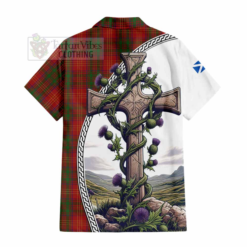 Tartan Vibes Clothing Burns Tartan Short Sleeve Button Shirt with Family Crest and St. Andrew's Cross Accented by Thistle Vines