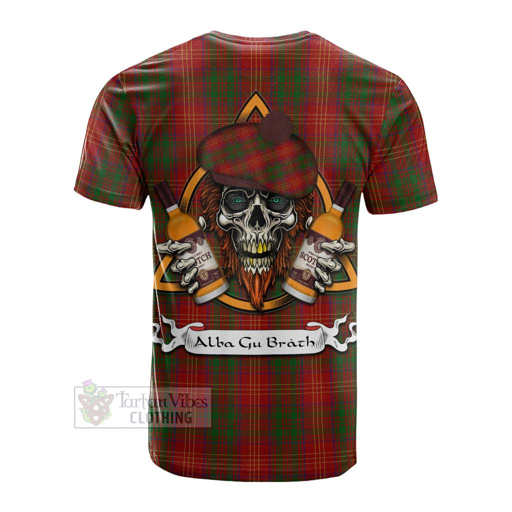 Tartan Vibes Clothing Burns Tartan Cotton T-shirt with Family Crest and Bearded Skull Holding Bottles of Whiskey