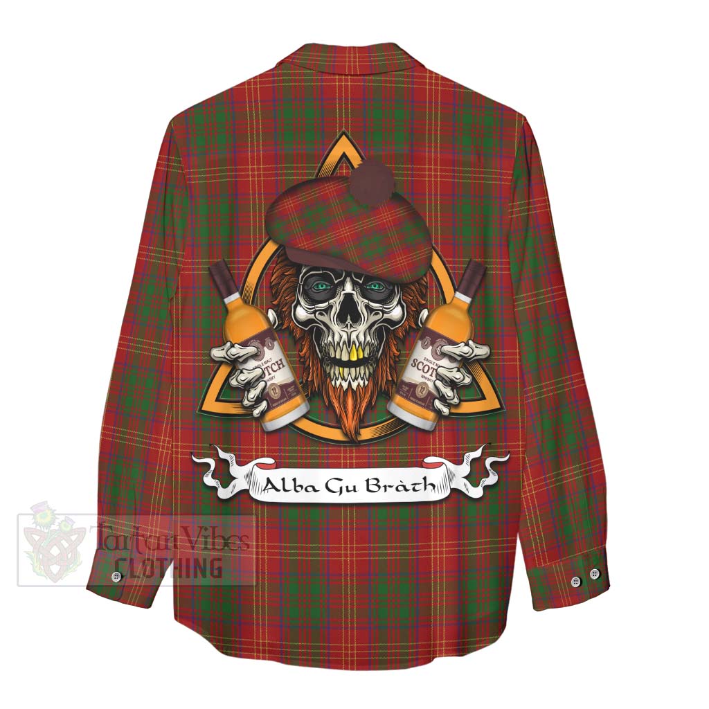 Tartan Vibes Clothing Burns Tartan Women's Casual Shirt with Family Crest and Bearded Skull Holding Bottles of Whiskey