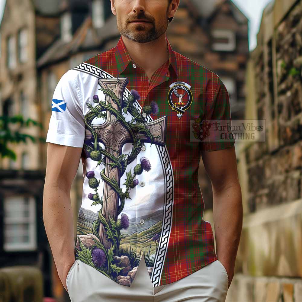 Tartan Vibes Clothing Burns Tartan Short Sleeve Button Shirt with Family Crest and St. Andrew's Cross Accented by Thistle Vines