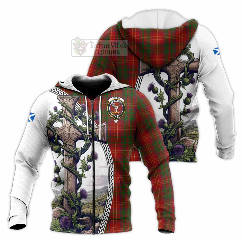 Tartan Vibes Clothing Burns Tartan Knitted Hoodie with Family Crest and St. Andrew's Cross Accented by Thistle Vines