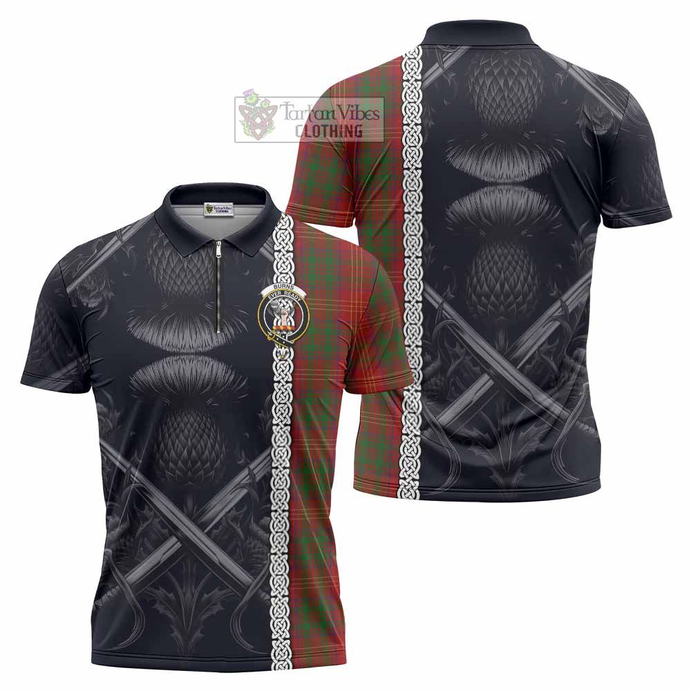 Tartan Vibes Clothing Burns Tartan Zipper Polo Shirt with Family Crest Cross Sword Thistle Celtic Vibes