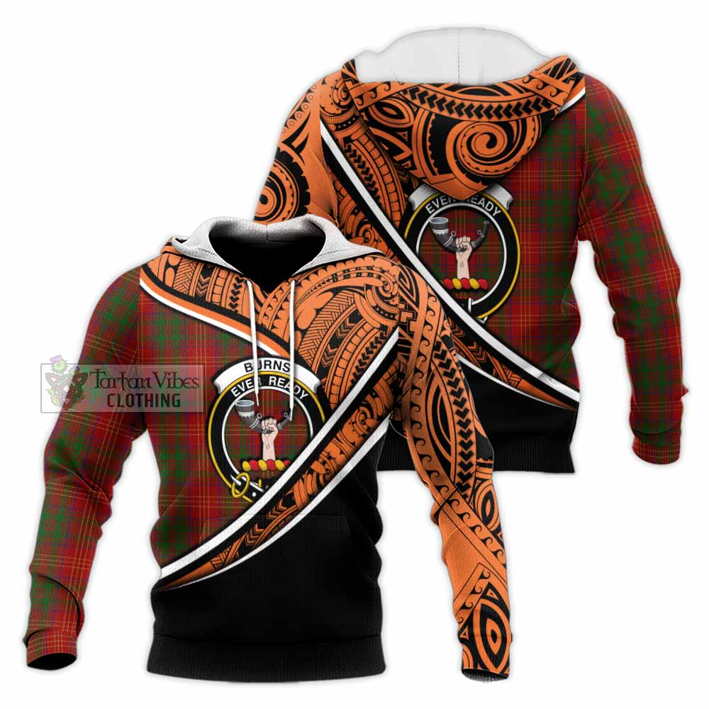 Tartan Vibes Clothing Burns Crest Tartan Knitted Hoodie with Maori Tattoo Style - Orange Version