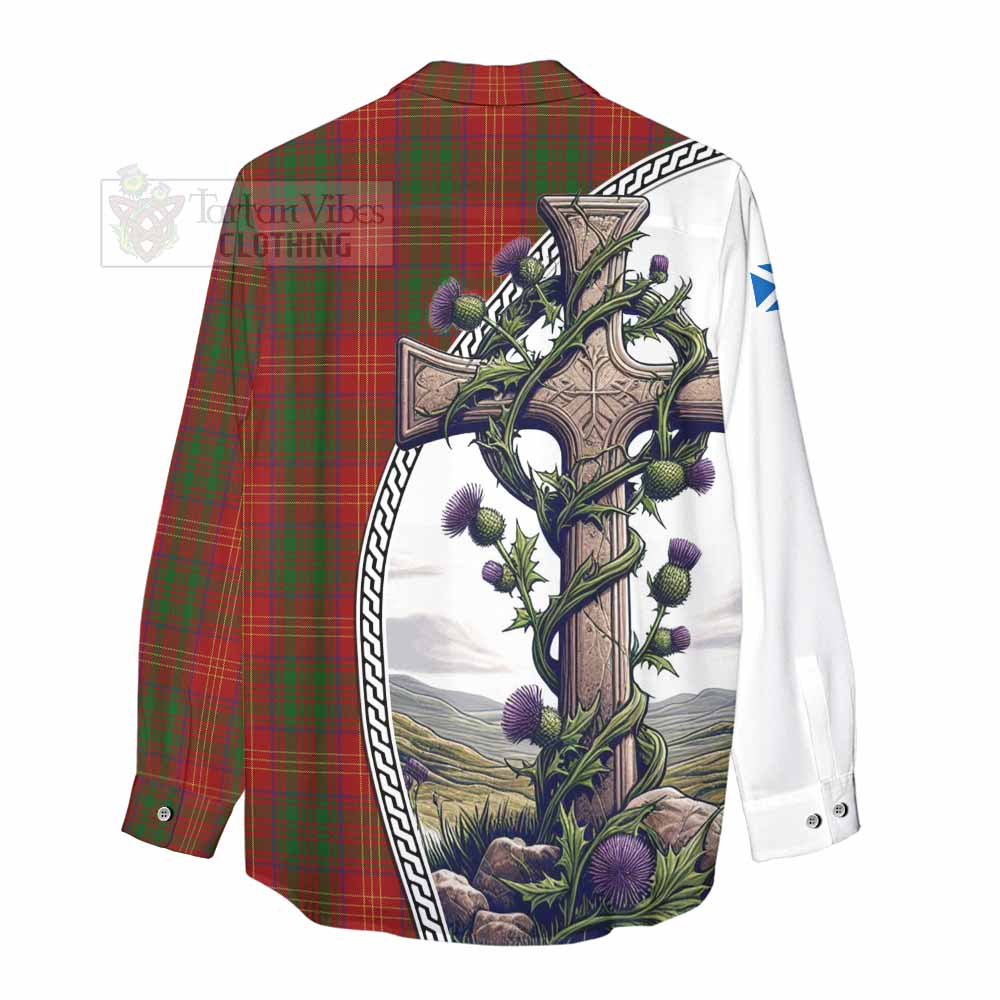 Tartan Vibes Clothing Burns Tartan Women's Casual Shirt with Family Crest and St. Andrew's Cross Accented by Thistle Vines