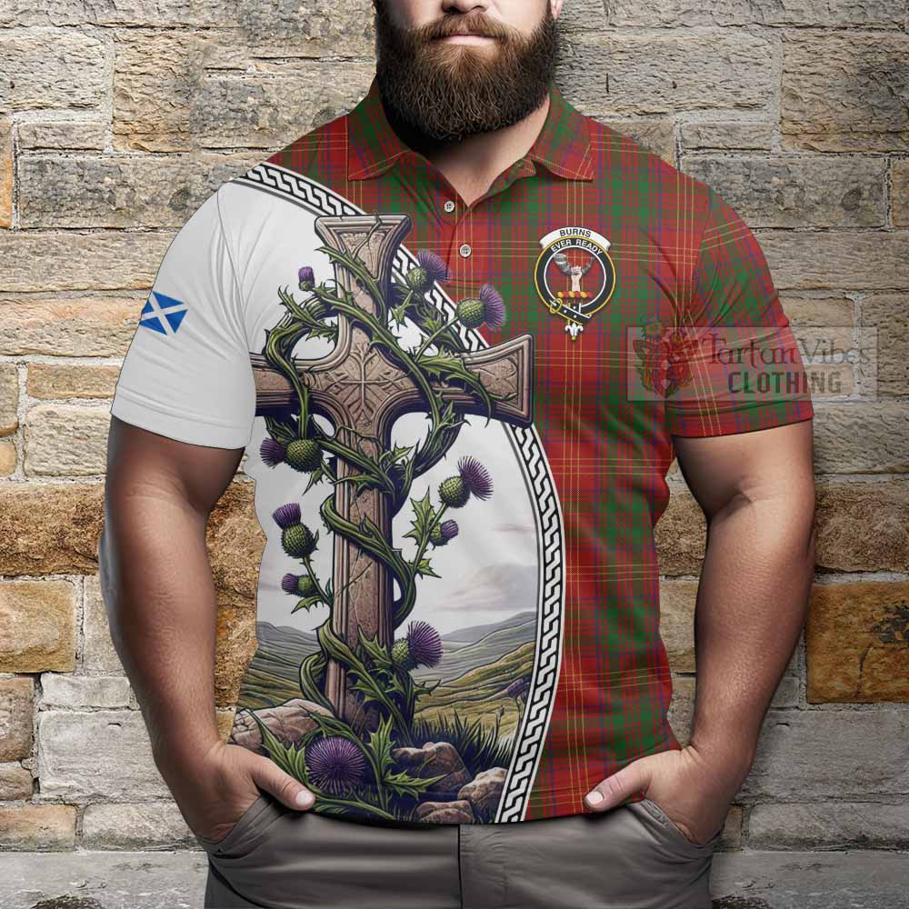 Tartan Vibes Clothing Burns Tartan Polo Shirt with Family Crest and St. Andrew's Cross Accented by Thistle Vines