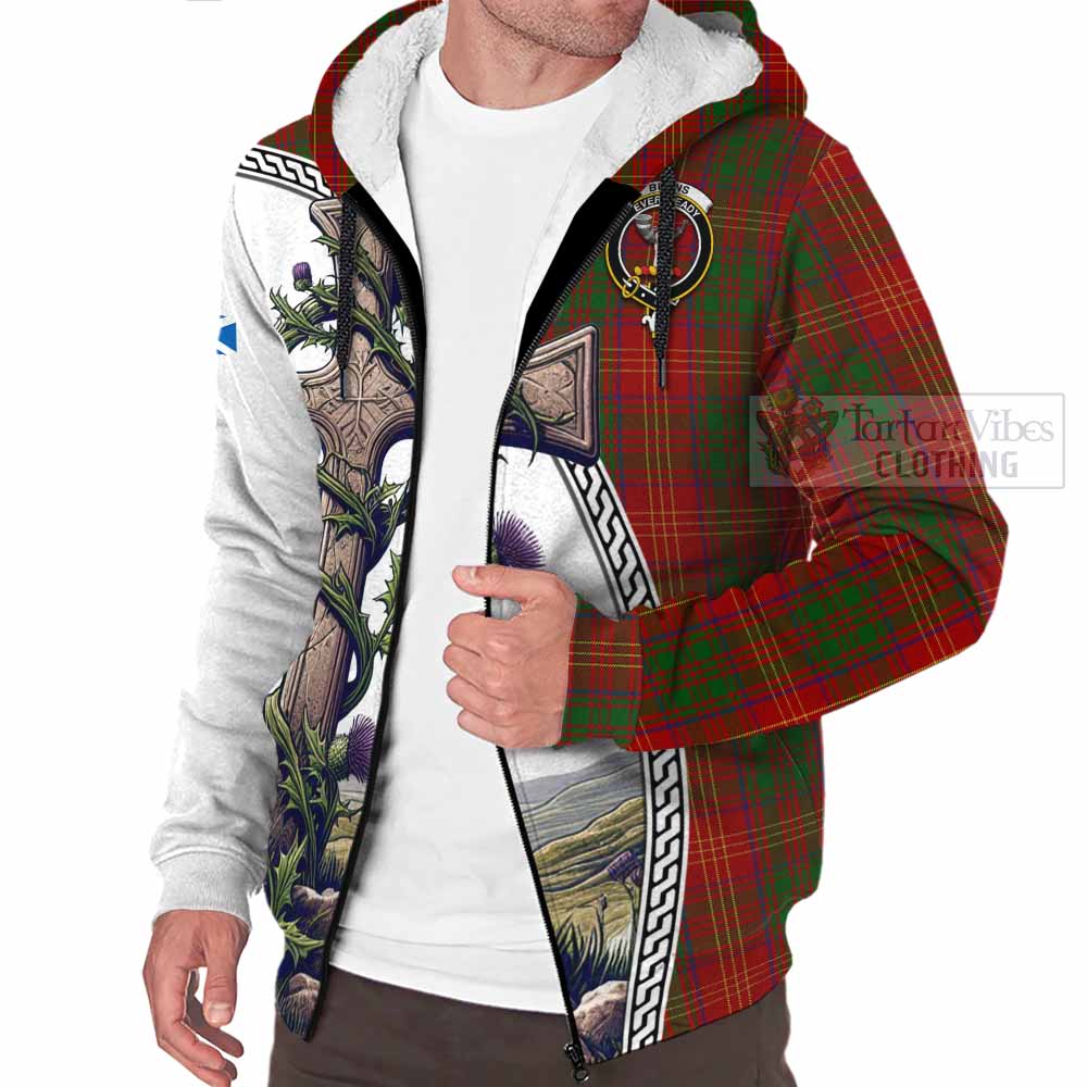 Tartan Vibes Clothing Burns Tartan Sherpa Hoodie with Family Crest and St. Andrew's Cross Accented by Thistle Vines