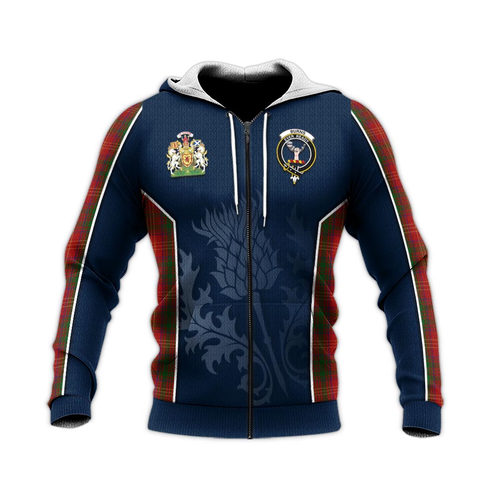 Tartan Vibes Clothing Burns Tartan Knitted Hoodie with Family Crest and Scottish Thistle Vibes Sport Style