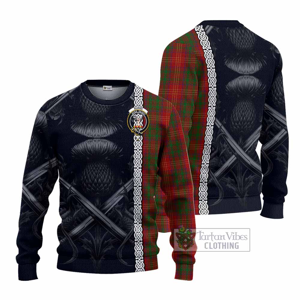 Burns Tartan Knitted Sweater with Family Crest Cross Sword Thistle Celtic Vibes - Tartan Vibes Clothing