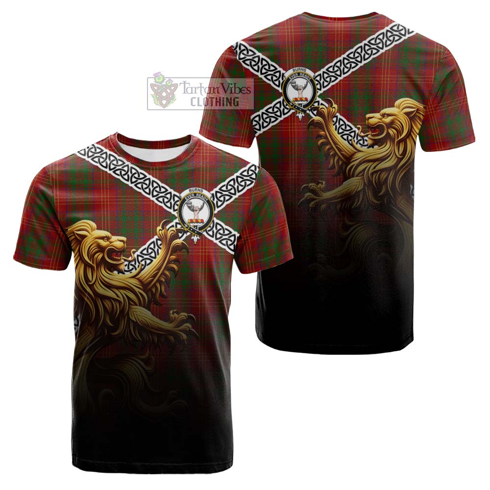 Burns Crest Tartan Cotton T-shirt with Golden Lion Emblem Celtic Style - Tartan Vibes Clothing