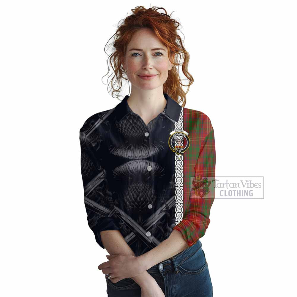 Tartan Vibes Clothing Burns Tartan Women's Casual Shirt with Family Crest Cross Sword Thistle Celtic Vibes