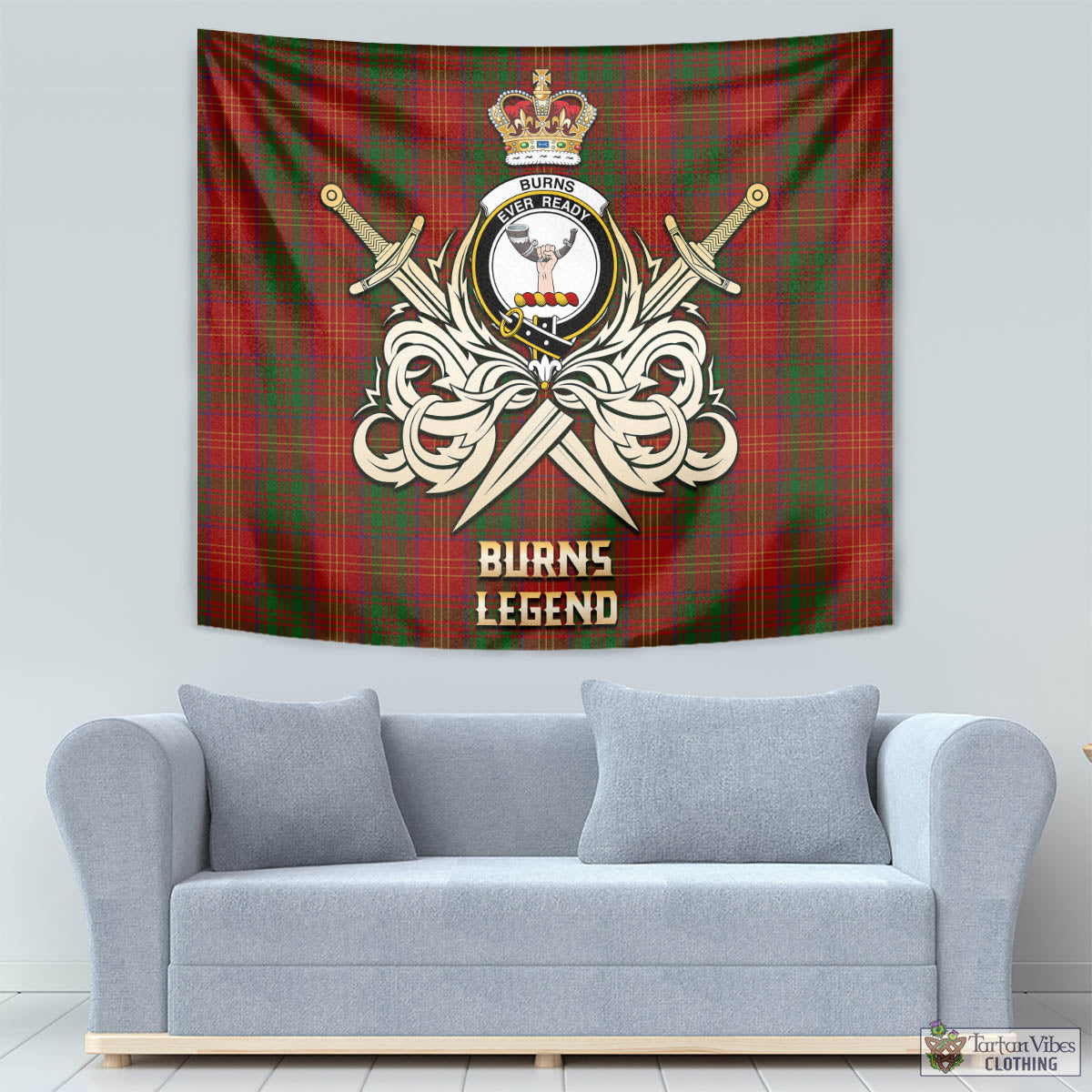 Tartan Vibes Clothing Burns Tartan Tapestry with Clan Crest and the Golden Sword of Courageous Legacy