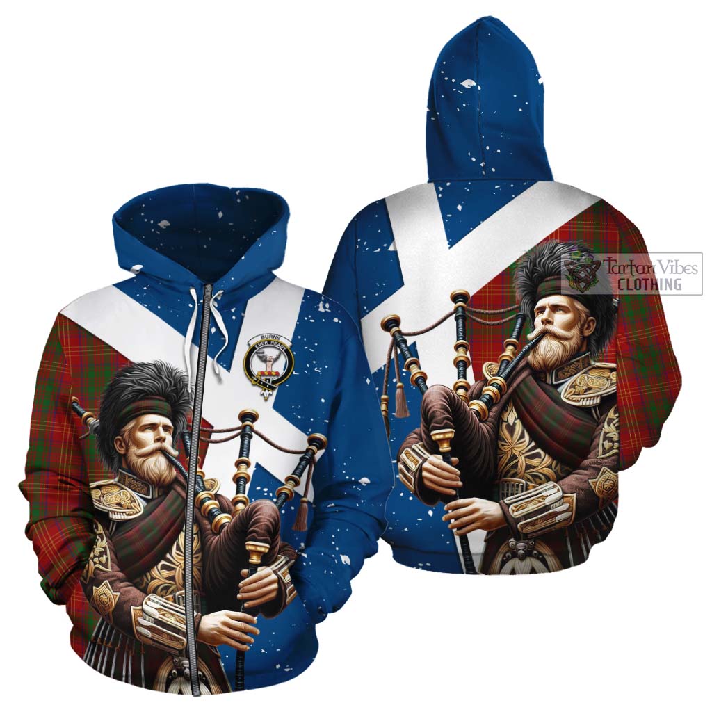 Tartan Vibes Clothing Burns Tartan Cotton Hoodie with Family Crest Scottish Bagpiper Vibes