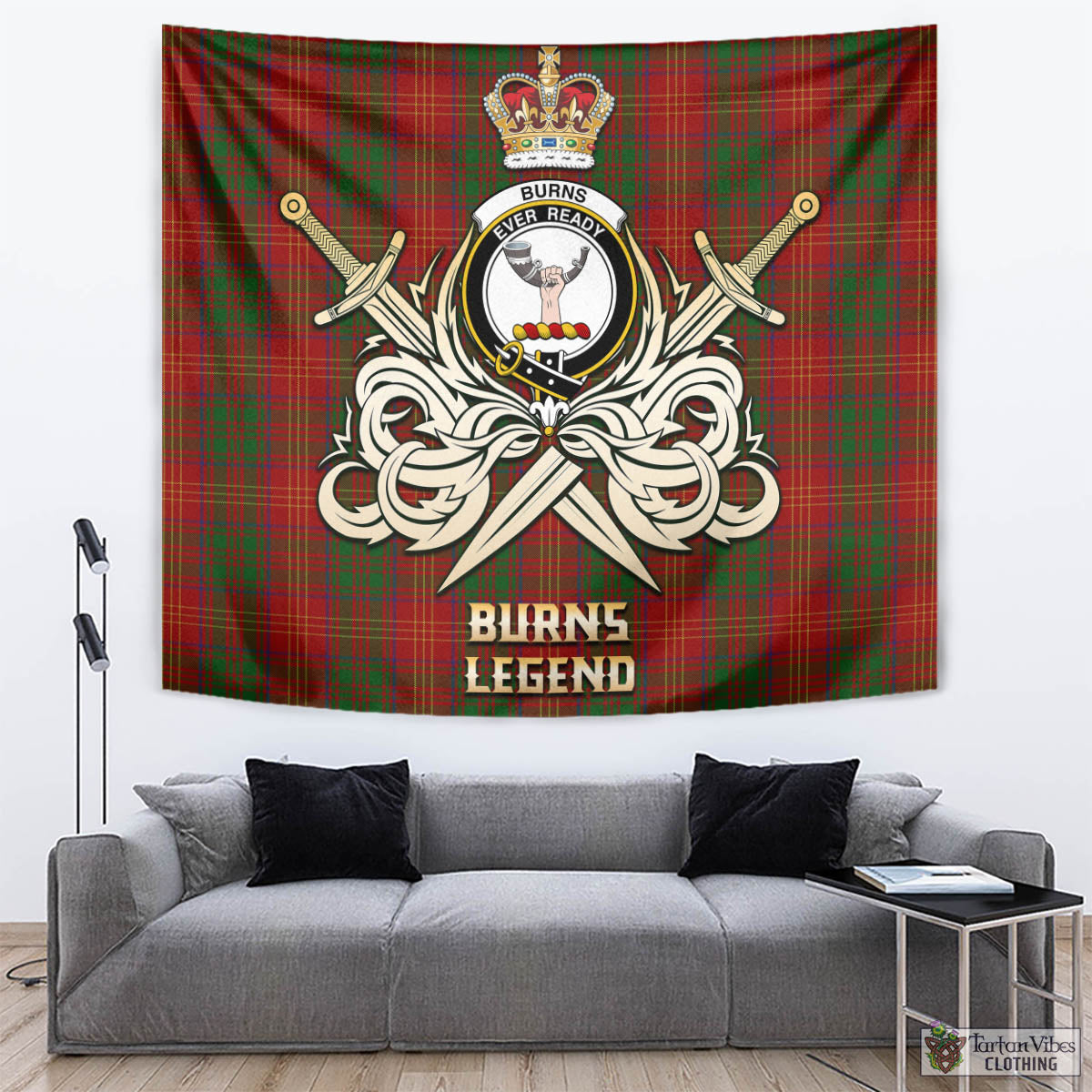 Tartan Vibes Clothing Burns Tartan Tapestry with Clan Crest and the Golden Sword of Courageous Legacy