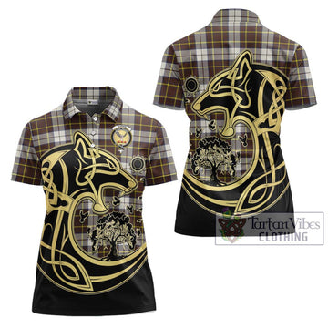 Burns Battalion Weathered Tartan Women's Polo Shirt with Family Crest Celtic Wolf Style