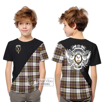 Burns Battalion Weathered Tartan Kid T-Shirt with Family Crest and Military Logo Style