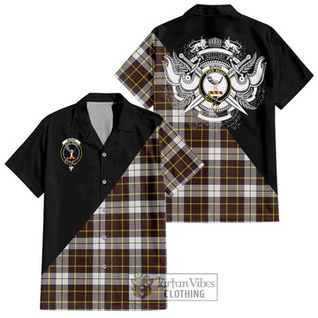 Burns Battalion Weathered Tartan Short Sleeve Button Shirt with Family Crest and Military Logo Style