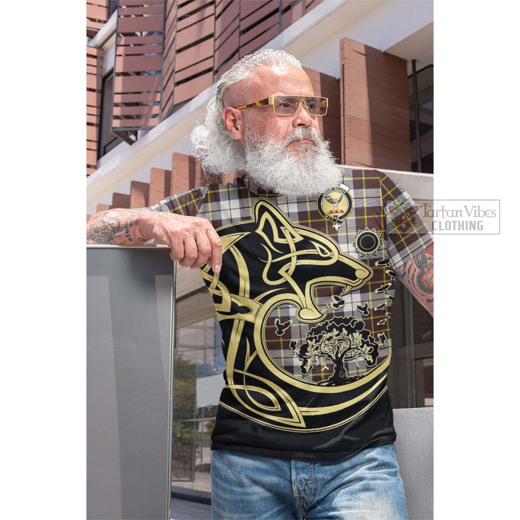 Tartan Vibes Clothing Burns Battalion Weathered Tartan Cotton T-shirt with Family Crest Celtic Wolf Style