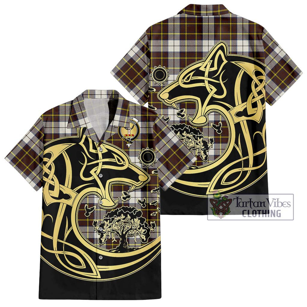 Burns Battalion Weathered Tartan Short Sleeve Button Shirt with Family Crest Celtic Wolf Style Kid - Tartan Vibes Clothing