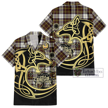 Burns Battalion Weathered Tartan Short Sleeve Button Shirt with Family Crest Celtic Wolf Style