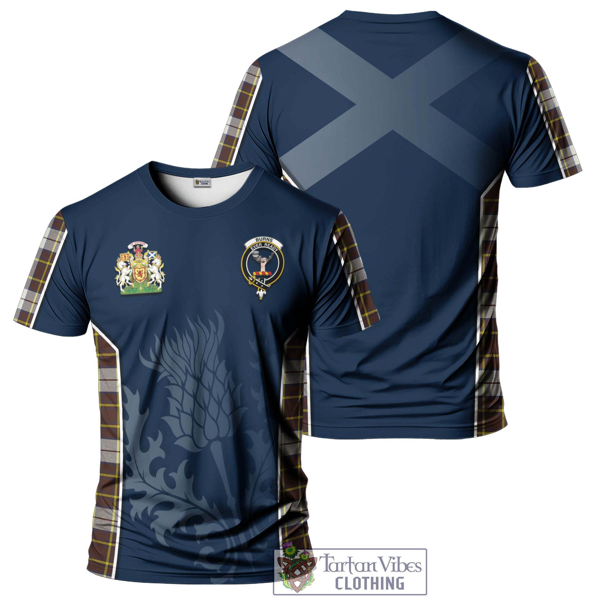 Tartan Vibes Clothing Burns Battalion Weathered Tartan T-Shirt with Family Crest and Scottish Thistle Vibes Sport Style