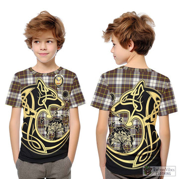 Burns Battalion Weathered Tartan Kid T-Shirt with Family Crest Celtic Wolf Style