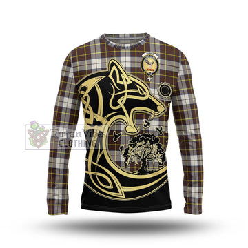 Burns Battalion Weathered Tartan Long Sleeve T-Shirt with Family Crest Celtic Wolf Style