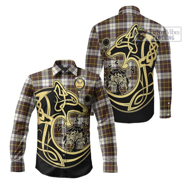 Burns Battalion Weathered Tartan Long Sleeve Button Shirt with Family Crest Celtic Wolf Style